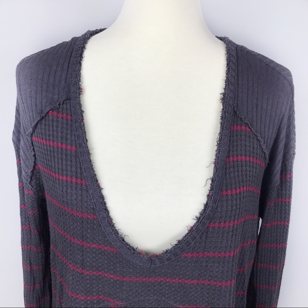 Free People Sunset Park Waffle Knit Striped Pullover V Neck Tunic Small - Picture 6 of 8